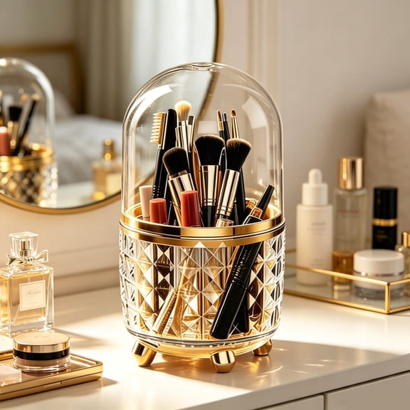 360° Rotating Makeup Brush Organizer with Dome Dustproof Lid, Diamond Embossed Clear Cosmetic Storage for Brushes Lipsticks Eyebrow Pencils, Gold Footed Vanity Countertop Holder