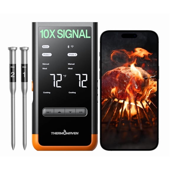 ThermoMaven Wireless Bluetooth Smart Meat Thermometer, Standalone Base, Smart WiFi Thermometer with Sub-1G, 6 Sensors NIST Certified Accuracy, 2 Probes, for BBQ, Grill, Oven, Smoker, Rotisserie