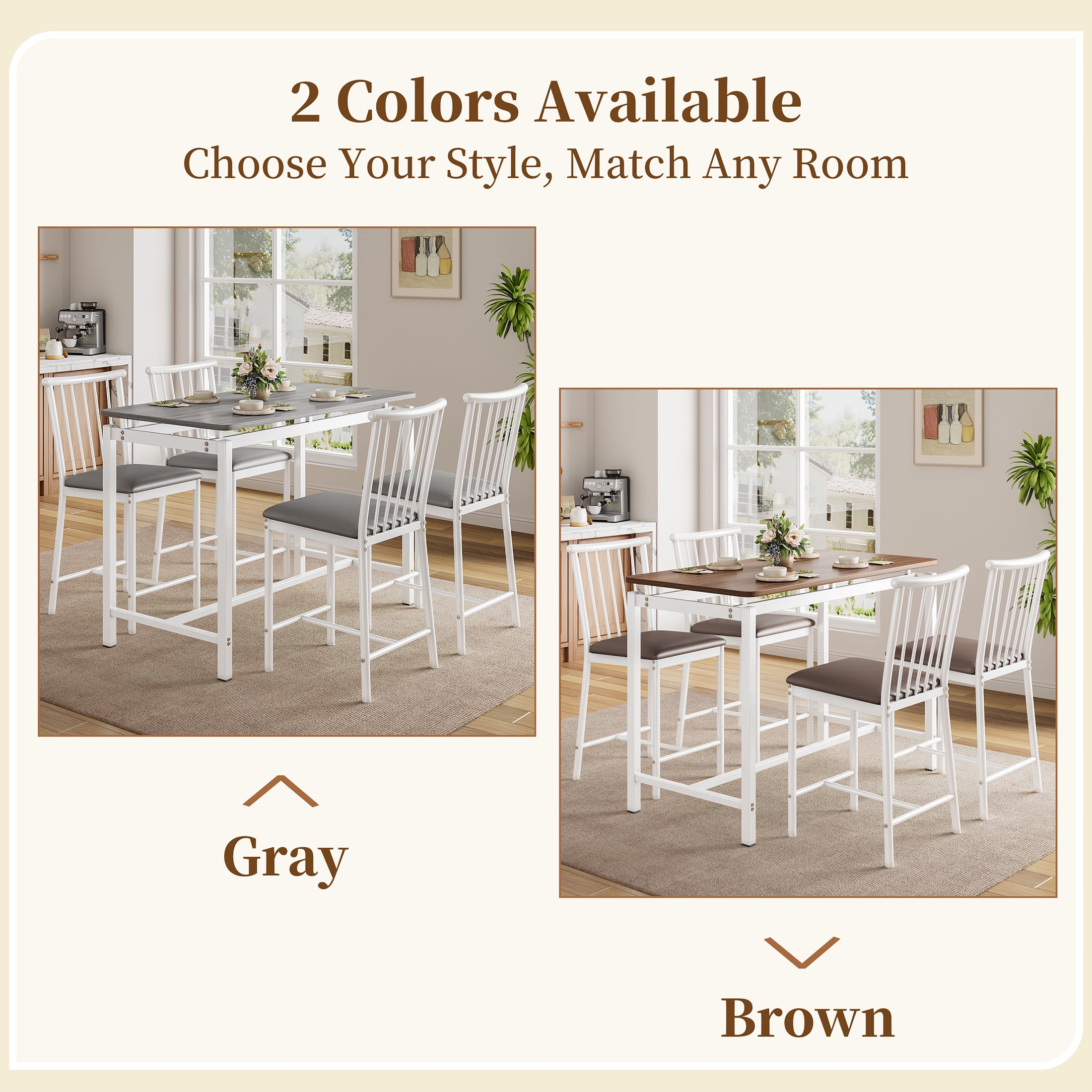 PORKISS Counter Height Dining Set for 4, Breakfast Bar Table Set with Table and 4 Leather Cushion Chairs, Wood Top Pub Table & Chair Set for Kitchen Apartment Bistro, Brown+White