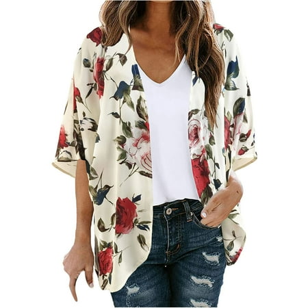 

Ziloco Women s Floral Print Puff Sleeve Kimono Cardigan Loose Chiffon Cover Up Casual Blouse Tops scrub jackets for women Red M