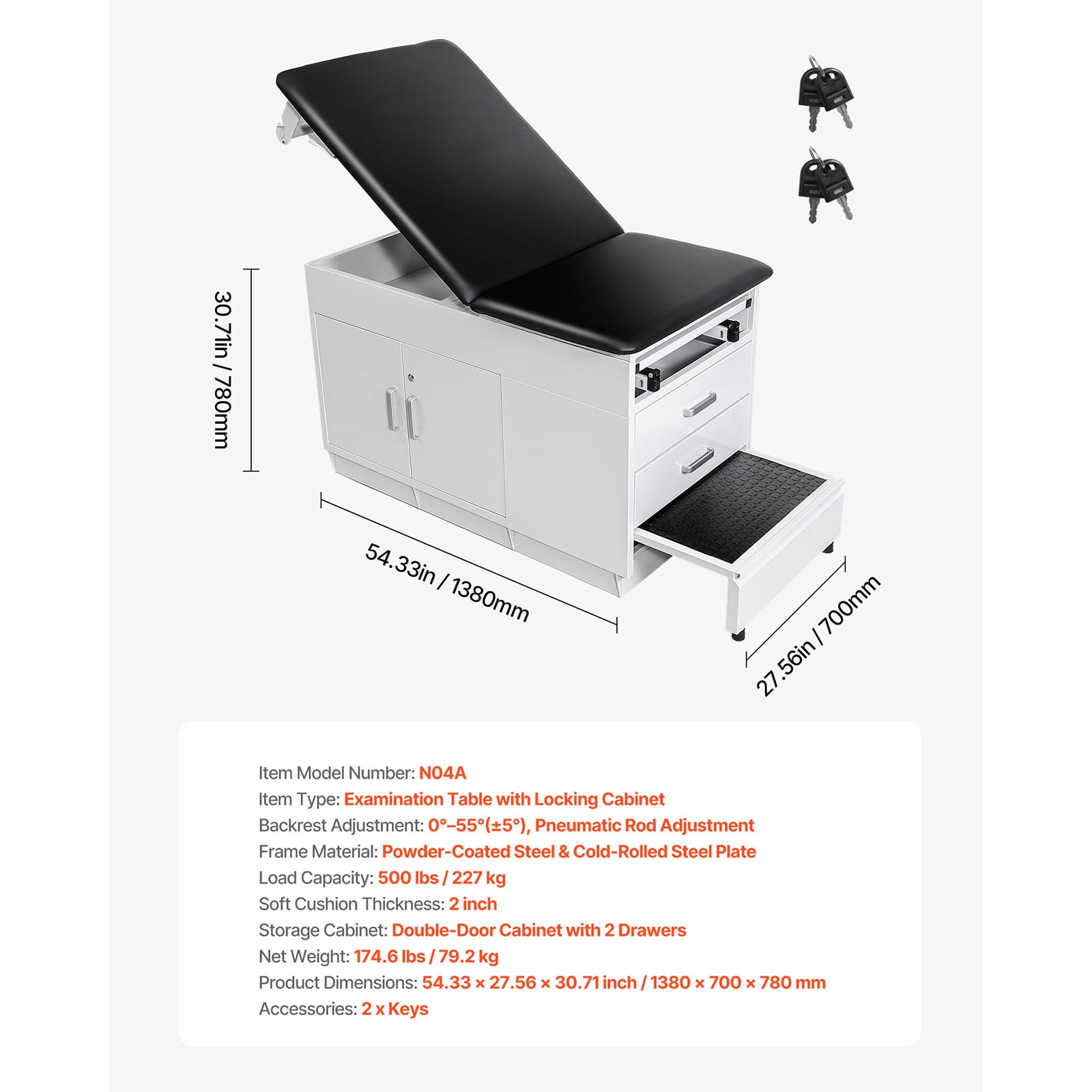 KFFKFF Professional Medical Examination Table with Adjustable Backrest, Therapy Bed Featuring Locking Cabinet, Two Drawers, Paper Roll Holder, Step Stool, and Leg Support, 500 lbs Capacity