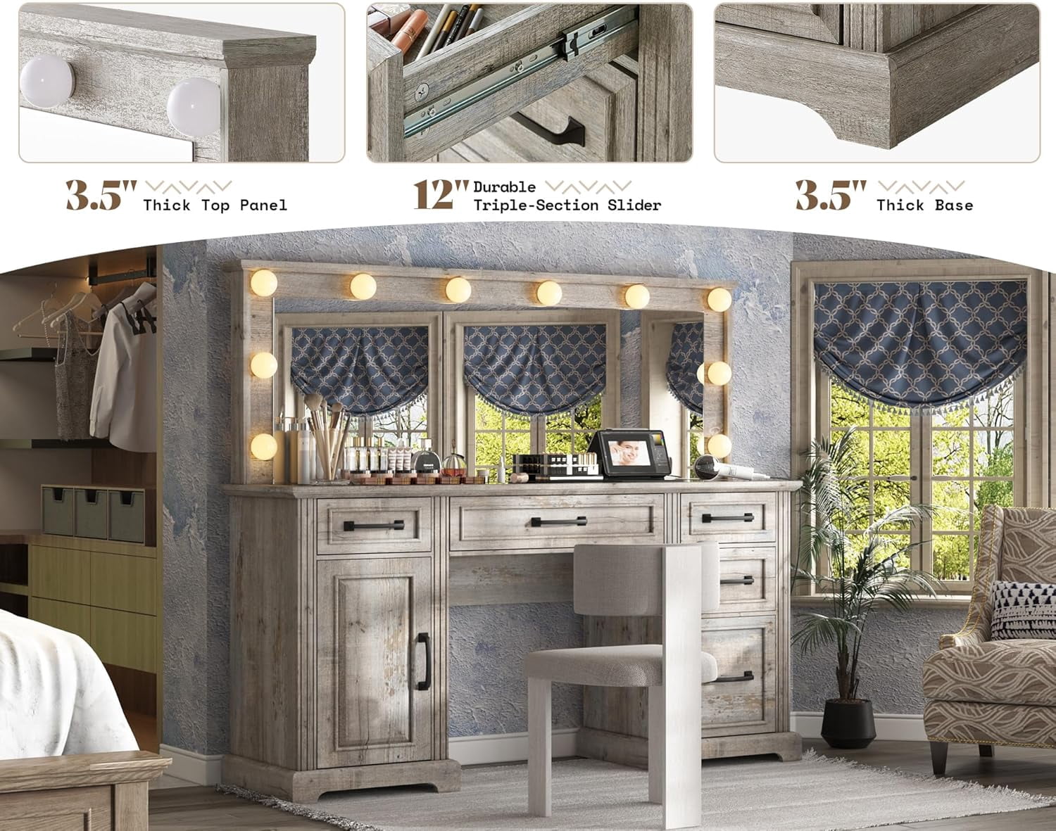 Merluxy Makeup Vanity with Mirror & Lights,Glass Top Vanity with 5 Drawers & Charging Station,Grey