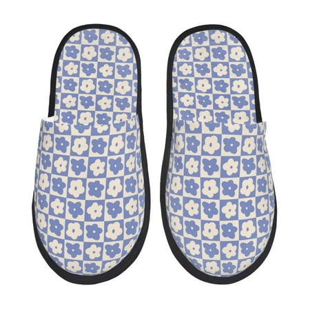 

Fuzoiu Plaid Flowers Print Unisex Furry Slippers Plush Indoor Shoes Trendy House Slippers Anti-Skid EVA Sole House Shoes for Home Office and Travel -Large