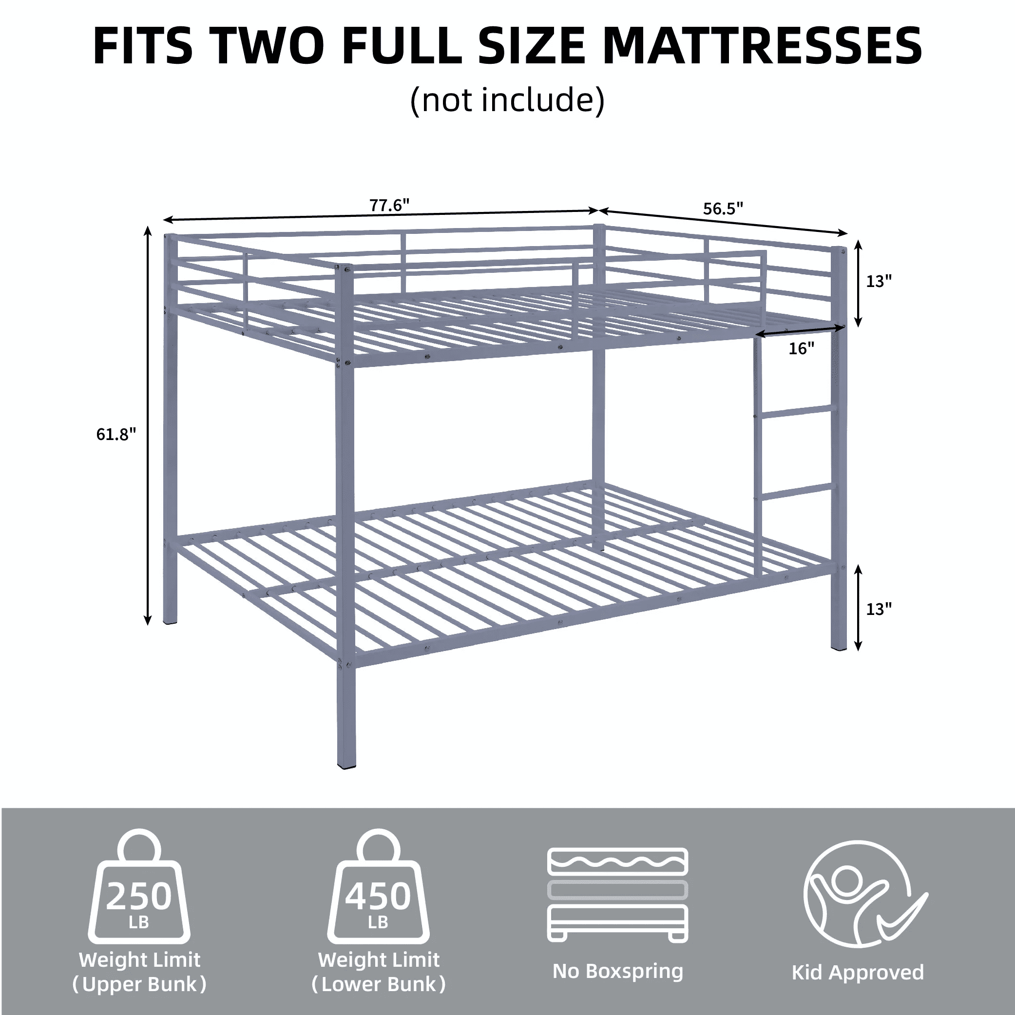 Aukfa Metal Bunk Bed Full over Full, High Guardrail and Metal Slats, Space-Saving Bed Frame for Kids Teens, Gray