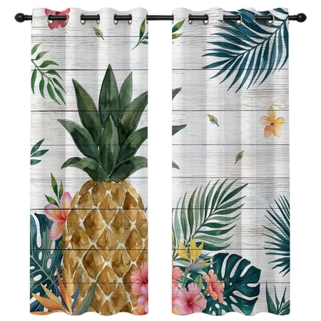 Green Palm Fronds Blackout Curtains 84 Inches Long Coastal Pineapple Floral Slat Texture Thermal Insulated Room Darkening Drapes with Grommets for Living Room 42 W x 84 L 2 Panels