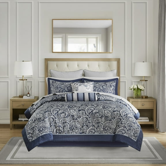 GDF Studio 12-Piece Luxury Jacquard Comforter Set with Cotton Bed Sheets, King Size, Navy