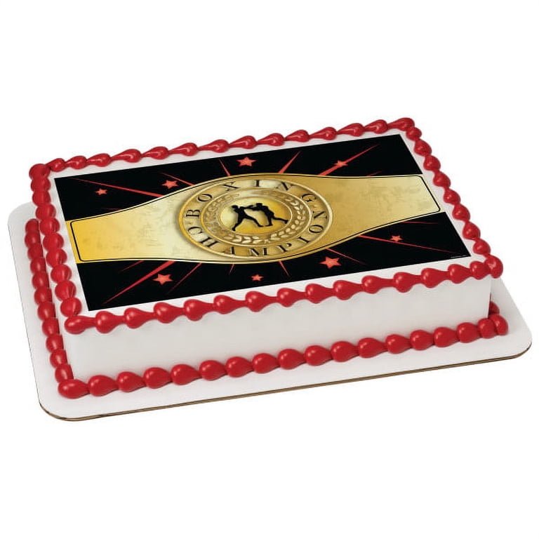 Boxing-Themed Edible Cake Topper - Rectangle Design, Red, Personalized For Birthdays