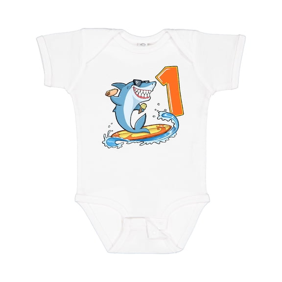 Inktastic First Birthday Surfing Shark with Hot Dog and Ice Cream Boys or Girls Baby Bodysuit