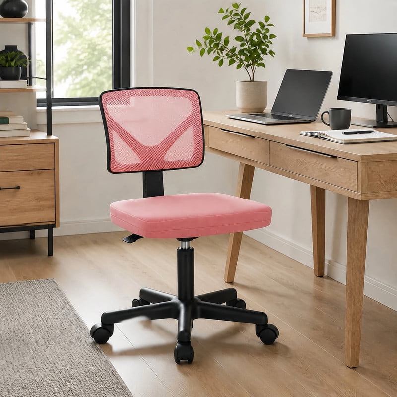 BEAUTYPEAK Desk Chair with Y-Shaped Lumbar Support Adjustable Armless Mesh Office Chair with Wheels for Home Office, Pink