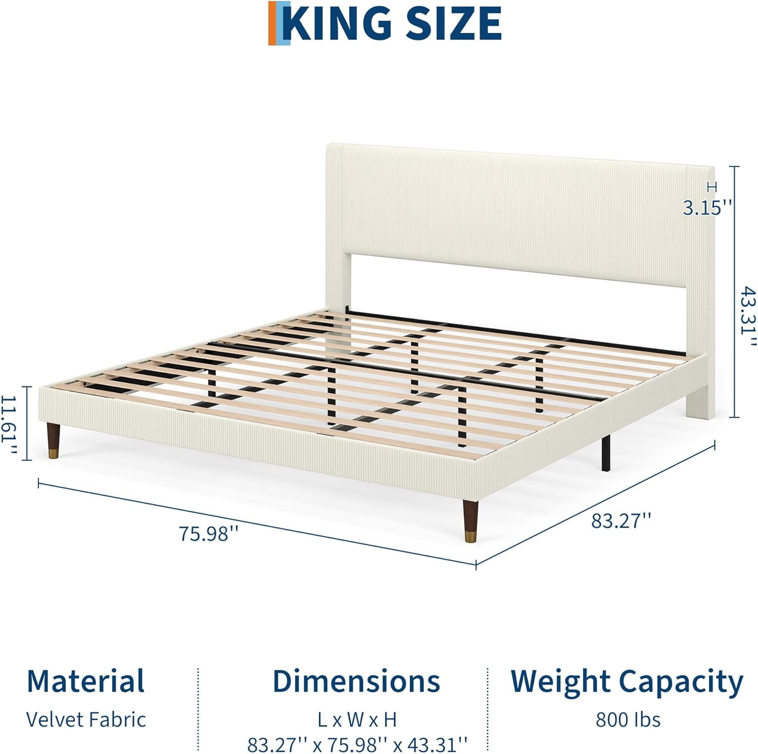 King Bed Frame with Headboard, Corduroy Upholstered Platform Bed with Wooden Slats Support - No Box Spring Needed & Noise Free, Easy Assembly, for Bedroom Apartment, Beige