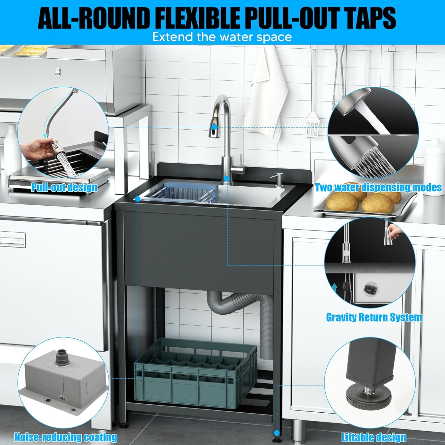 Stainless Steel Utility Sink, 25.7" × 20.7" × 39.5"Freestanding Sink with Cold and Hot Water Faucet,Hoses and Drain Kit for Kitchens, Bathrooms, Garage, Laundry Room