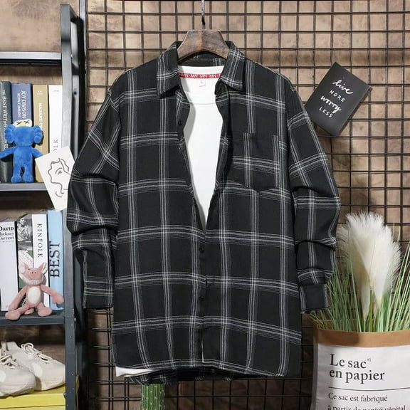 Mens Casual Button Down Shirts Autumn Winter Plaid Print Lapel Long Sleeve Casual Loose Breathable Tops Sportwear