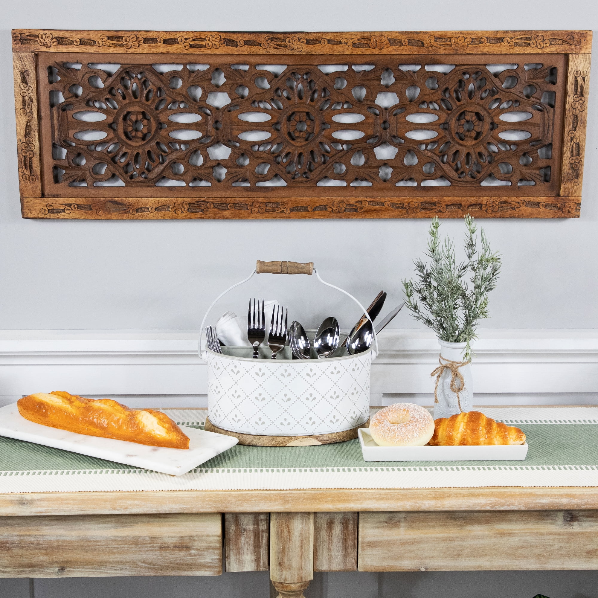 Northlight 10" White Oval Embossed Utensil Caddy with Handle and Wood Base