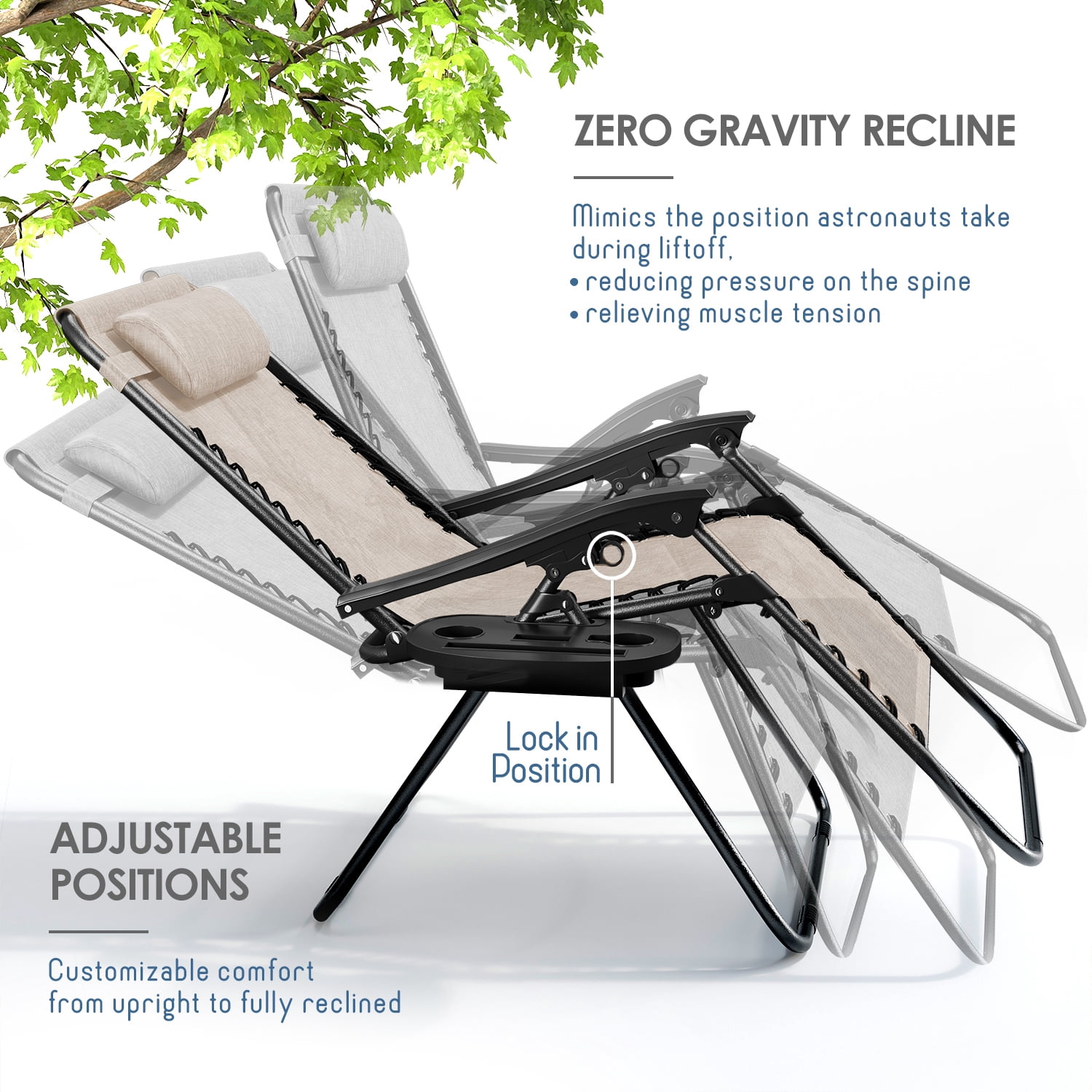 LammaLoe Zero Gravity Chair Set of 4, Outdoor Lounge Chairs with Cup Holder, Beige