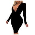 thumbnail image 2 of Women Dresses Solid Sexy Pleated Dresses V-neck Long Sleeved Fashion Dresses Black Trendy Skirt Size XL, 2 of 7