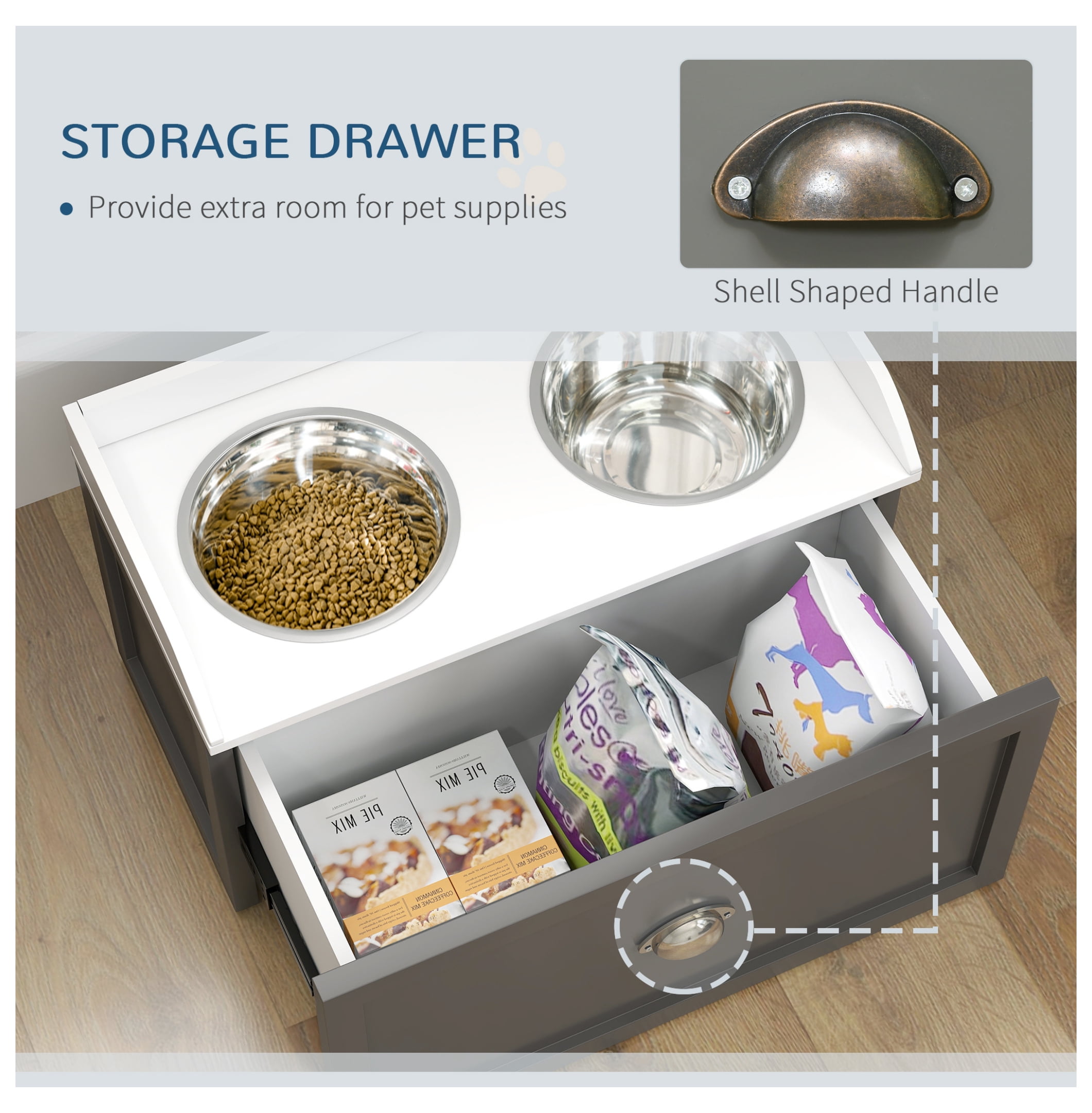 Dog Feeding Station Elevated Bowls, Large Dog Bowls with Storage, 2 Stainless Steel Bowls, Gray