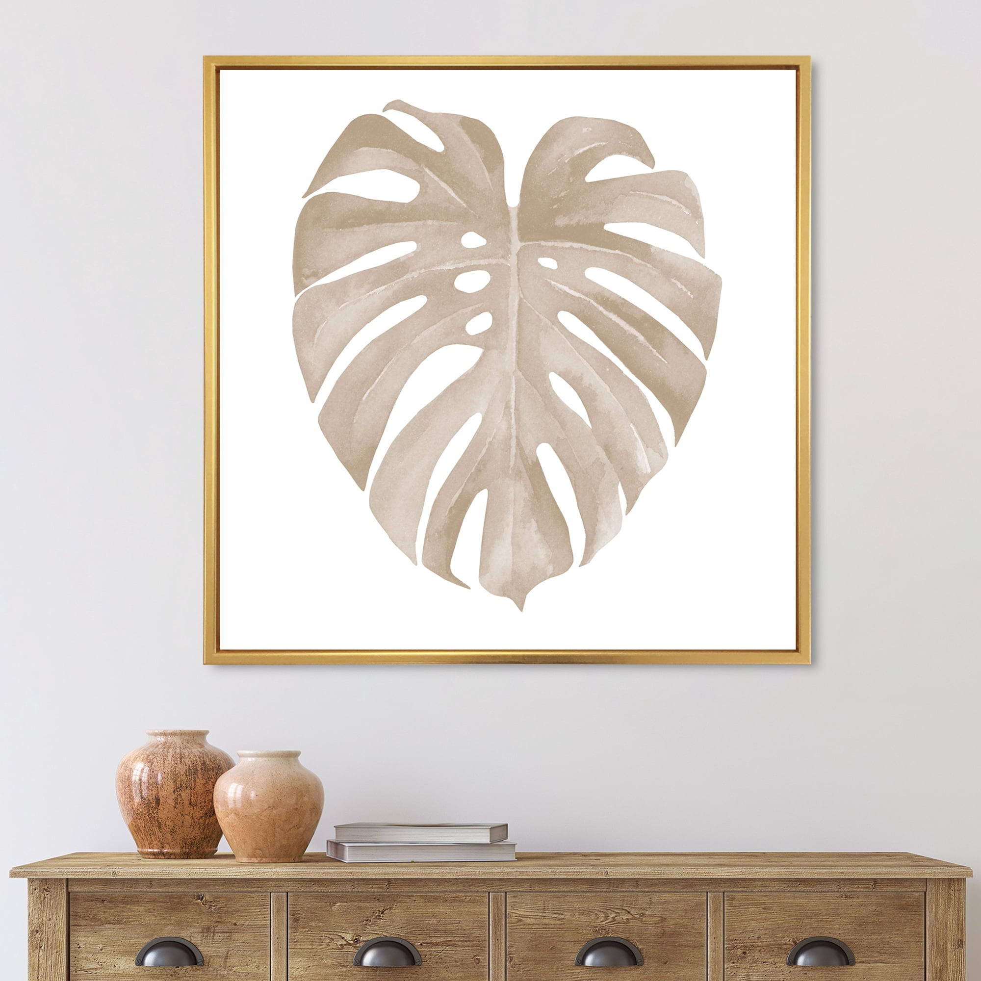 Designart 'Beige Ivory Pastel Monstera Heart Shaped Tropical Leaf' Traditional Framed Canvas Wall Art Print