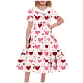 thumbnail image 1 of Vestido de manga corta con cuello en V para niña, estampado de manga corta, falda con cuello doblado y cintura mediana y grande, de poliéster., 1 of 6