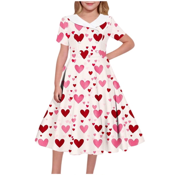 Vestido de manga corta con cuello en V para niña, estampado de manga corta, falda con cuello doblado y cintura mediana y grande, de poliéster.