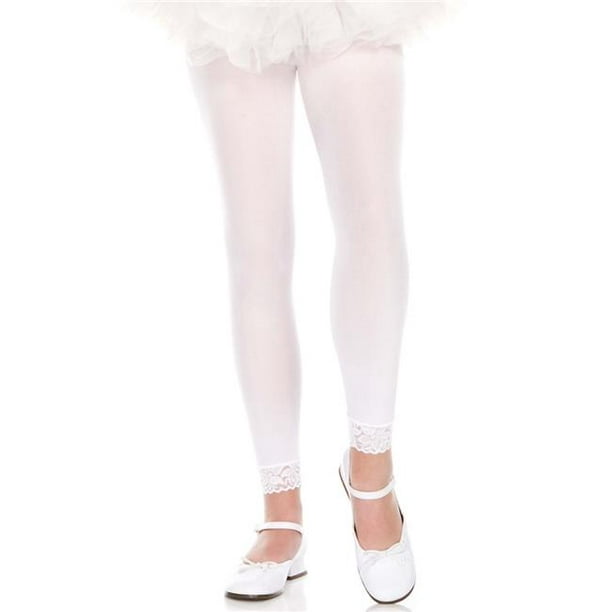 Girls Opaque Leggings with Lace Trim, White - Large 