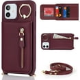 thumbnail image 6 of iPhone 12/12 Pro Case for Women with Card Holder, iPhone 12 Phone Case Wallet with Strap,Crossbody Lanyard Cases with Credit Card Slots Kickstand and Stand Ring Holder, 6.1 Inch, Burgundy, 6 of 17