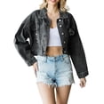 thumbnail image 1 of Diconna Veste en Jean Courte pour Femmes, Décontractée, Boutonnée, en Denim Déchiré avec Franges en Strass, Manteau d'Automne, 1 of 9