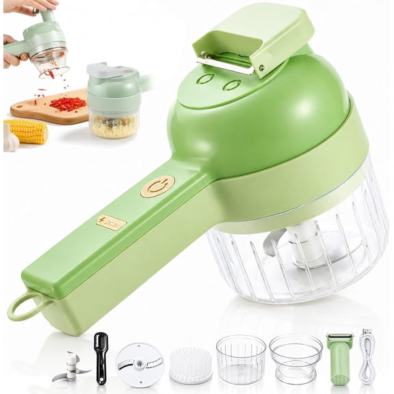4-in-1 Electric Vegetable Chopper - Multi-Blade Food Processor & Slicer for Garlic, Onion, Meat, and Vegetables with Cleaning Brush (Green)
