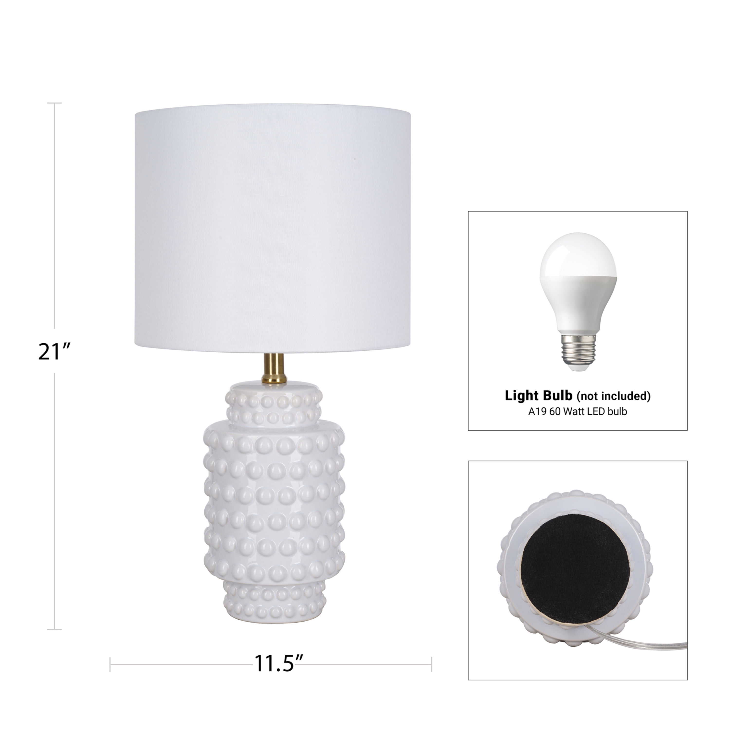 (2 pack) My Texas House Hob-Nail Ceramic Table Lamp, 21 in, White Fabric Drum Shade, White