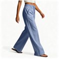 thumbnail image 6 of Women's Cotton Blend Straight Leg Pants with Pockets, Mid Elastic Waist, Soft Loose Fit, Casual Business Beach, Cropped Pants | VerBelle,Blue 2XL, 6 of 7
