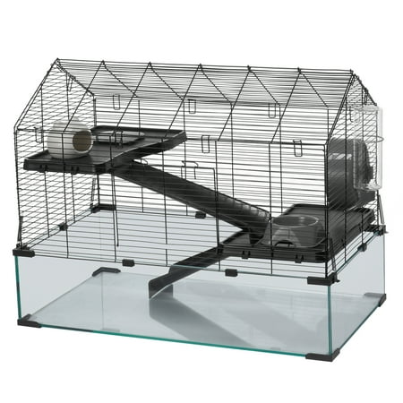 KFFKFF Transparent Hamster Cage, 360° View Habitat for Small Animals, 29.5 x 17.3 x 24 in, Ventilated Mouse Cage with Water Bottle, Portable Home for Rats and Guinea Pigs