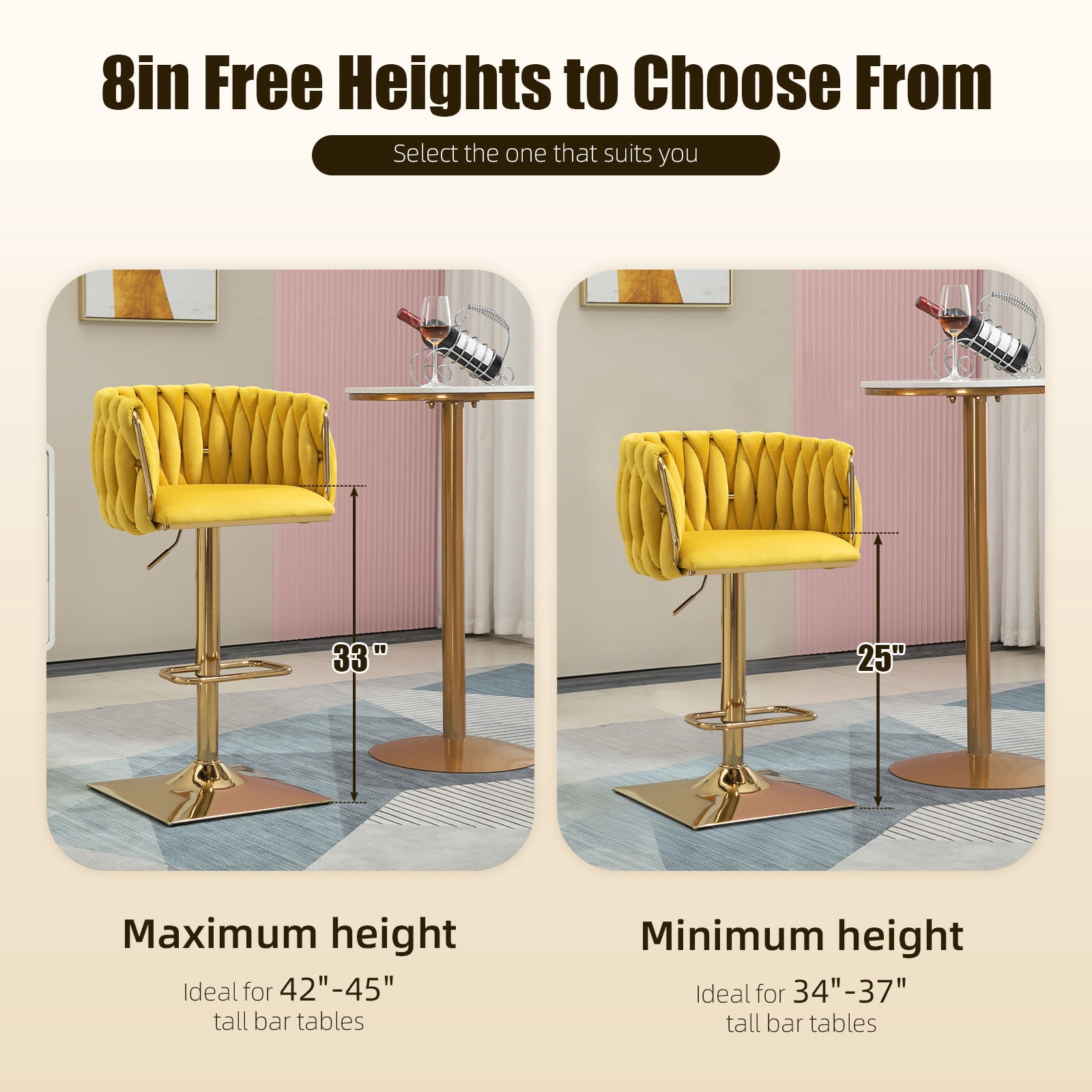 MOONMISS Bar Stools Set of 2, Adjustable Swivel Barstools, Velvet Counter Height Bar Chair with Back and Footrest for Kitchen Island Dining Room Café Pub,Yellow