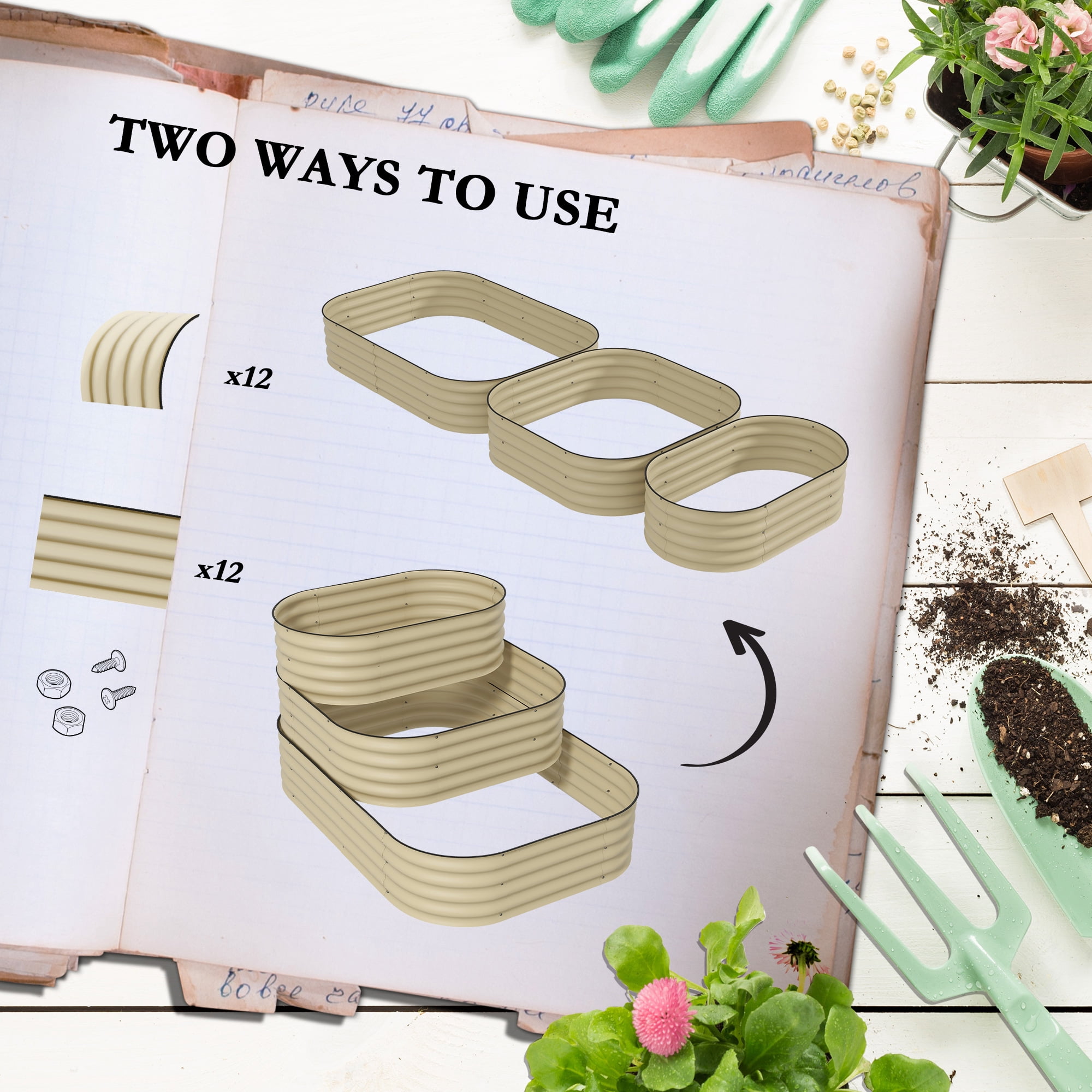 3-Tier Galvanized Steel Raised Garden Bed Kit, 3 Combining Planter Boxes with Rubber Strip Edging, Open Bottom for Backyard, Garden, Patio, Cream White