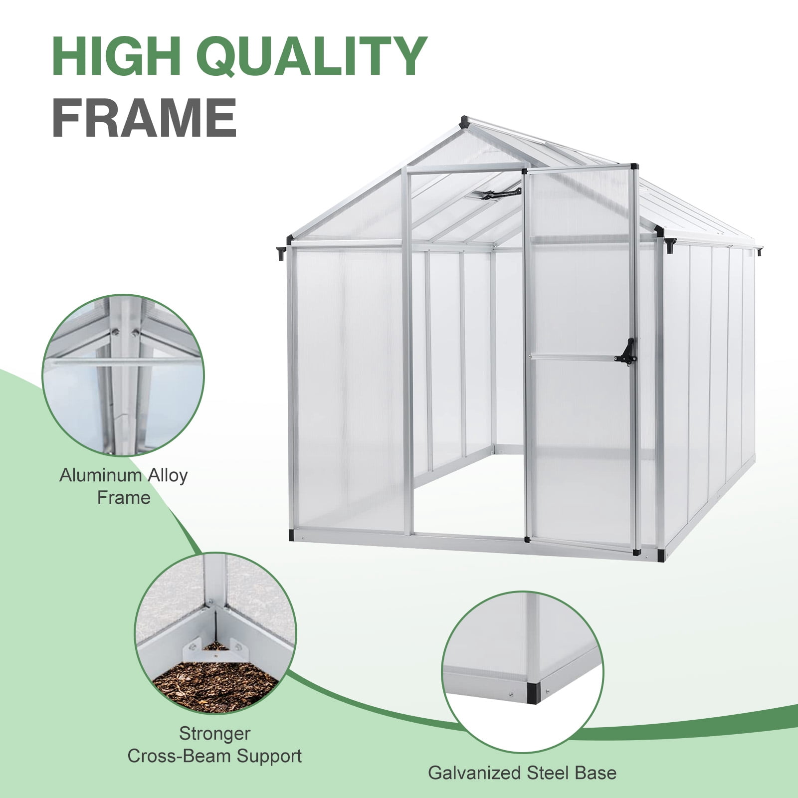 Aoodor 6' x 10' Outdoor Greenhouse, Walk-in Polycarbonate Greenhouse with Aluminum Frame for Outside Backyard, Silver