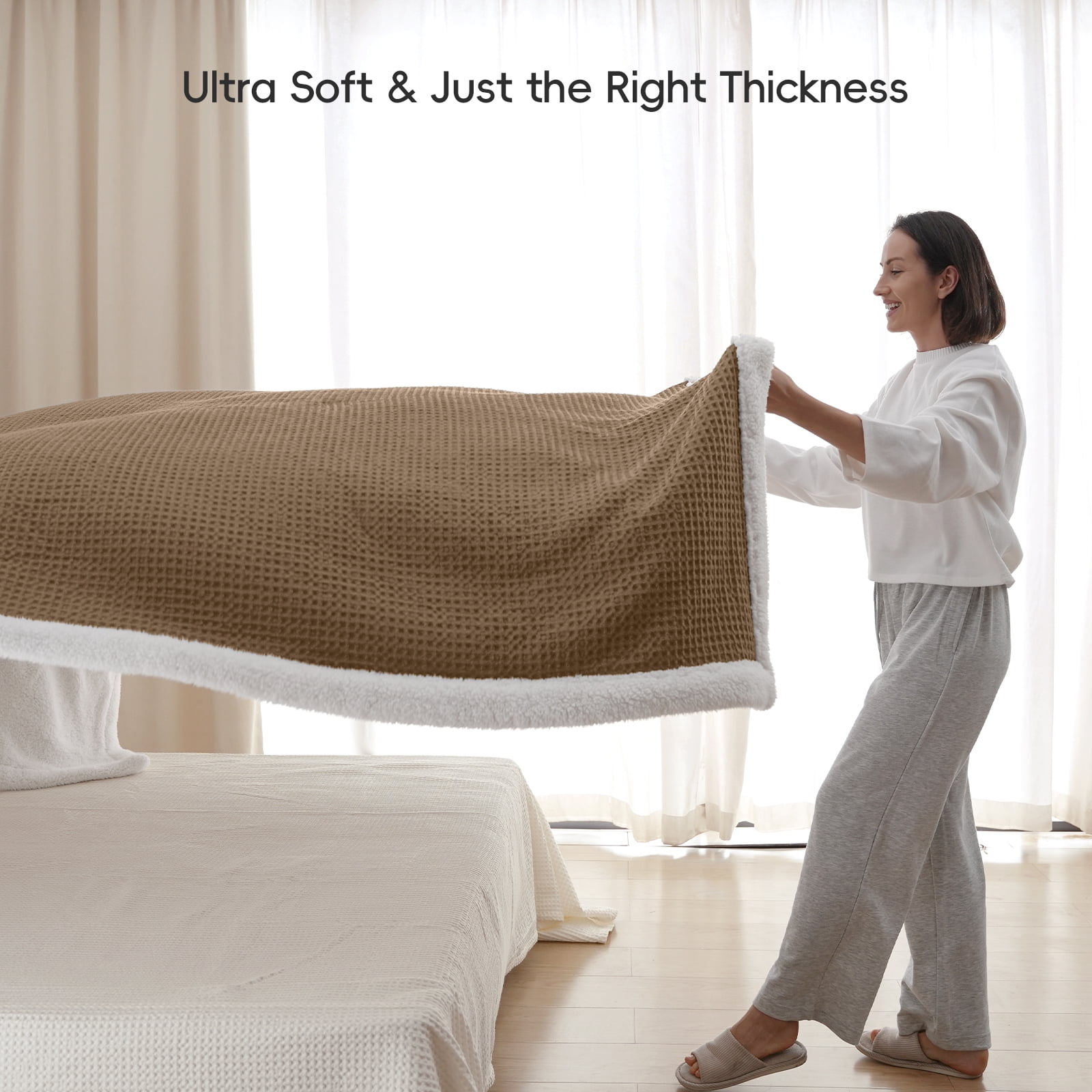 PHF Waffle Sherpa Bed Blanket King Size, Cozy Warm Reversible Plush Flannel Blanket for Winter, 104" x 90", Mocha
