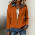 thumbnail image 5 of BODOAO Women's Ribbed Knit Zip Up Jacket, Denim Collar Cuff Patchwork Cardigan, Casual Long Sleeve Bomber Coat for Fall Winter Work, Vacation and Daily Wear Orange 2XL, 5 of 7