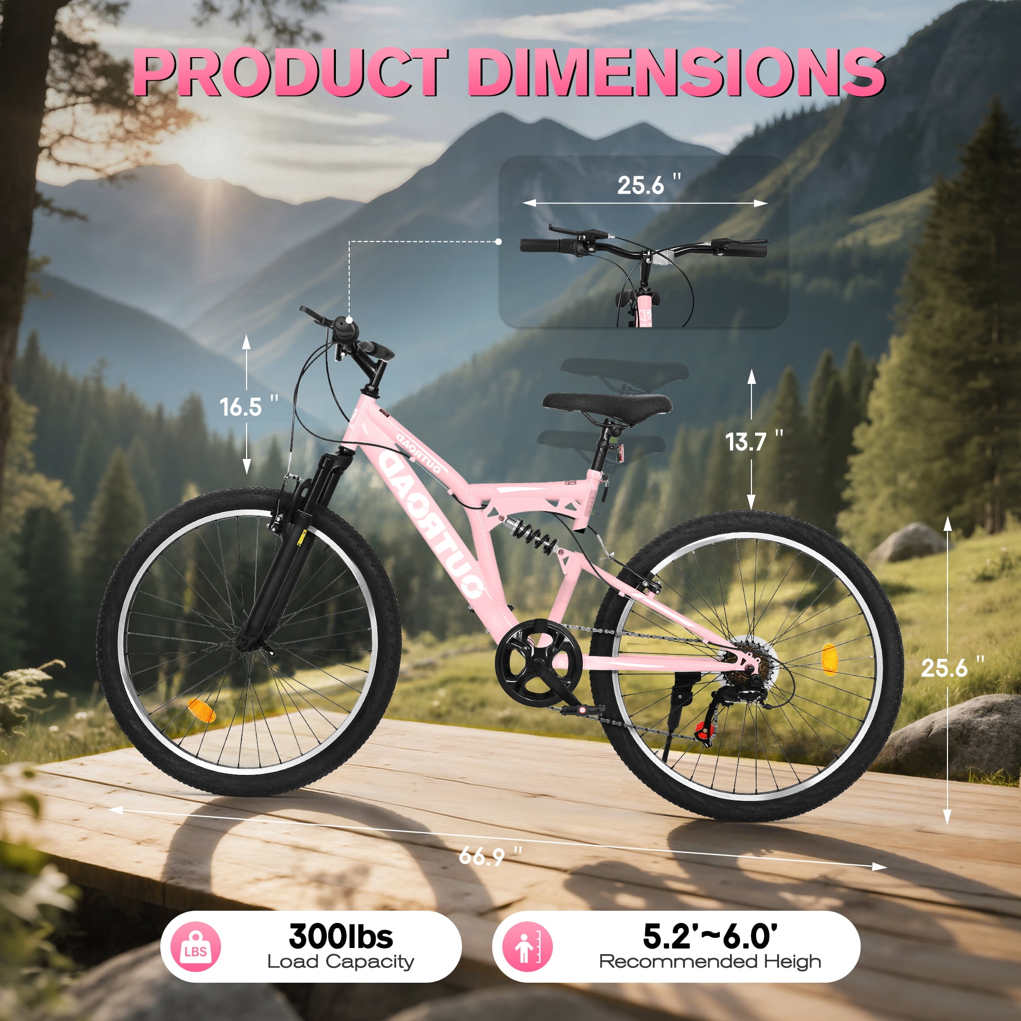 Marknig 26 inch Mountain Bike, 7 Speed Adult Bicycle with High-Carbon Steel Frame, Dual Disc & V-Brakes, Adjustable Seat for Men and Women,MTB with Shock Absorption System, Pink