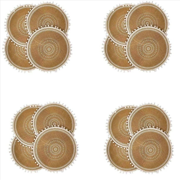 Juego de 16 Manteles Individuales Redondos, Tapetes de Yute Tejidos Boho con de PompóN para DecoracióN de Mesa de Cocina de Comedor (Bola )