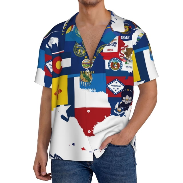 Fotbe The Map Of United States Camisa Estampada de Manga Corta para Hombre, Casual de Verano, Estilo Playero, Sin Arrugas-Large