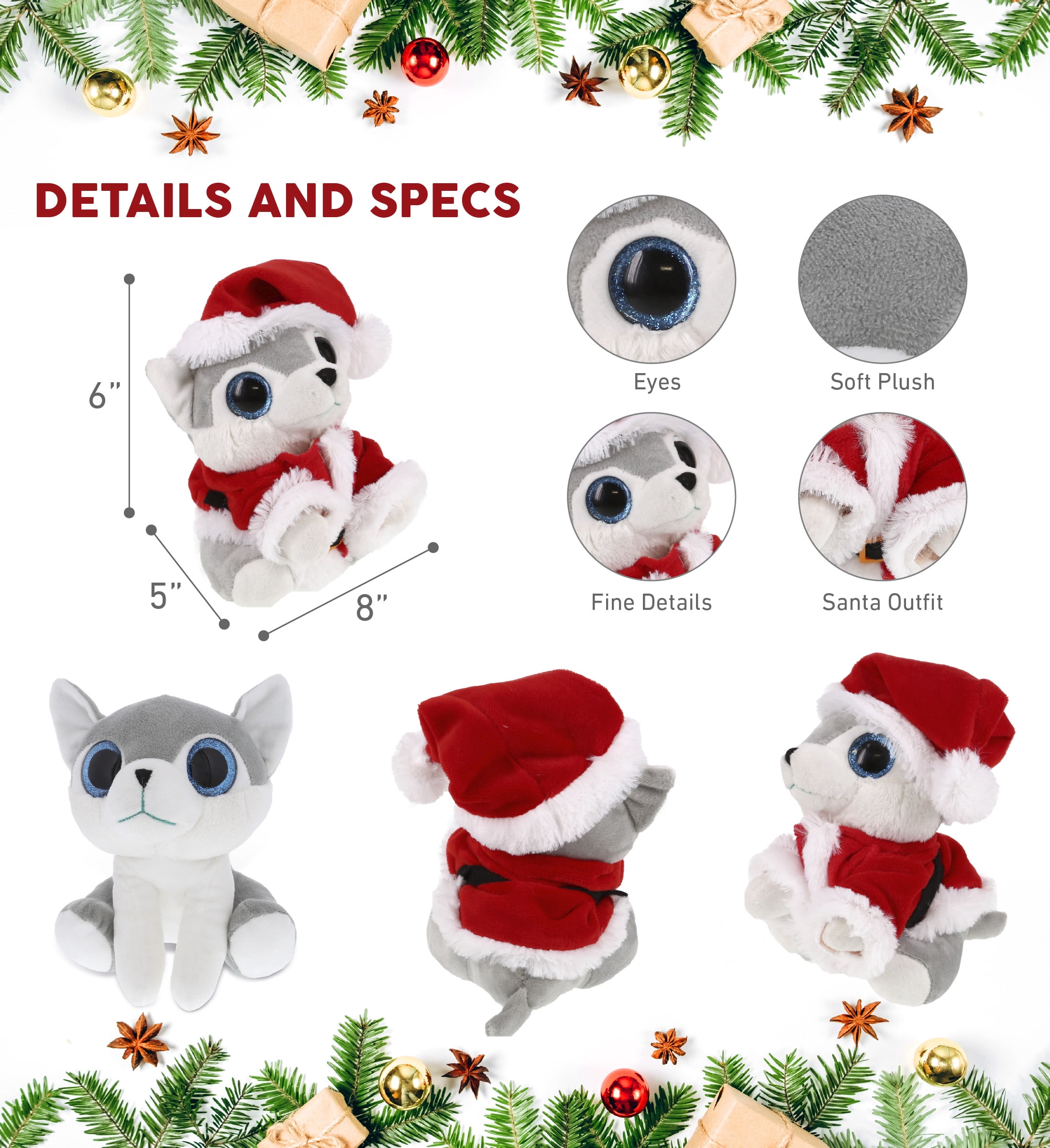DolliBu Santa Sparkle Eyes Wolf Stuffed Animal Plush Toy - Super Soft Dress Up with Red Santa Claus Outfit, Cute Wildlife Holiday Christmas Gift - 8 Inches