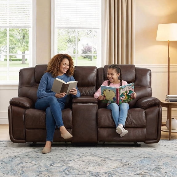 Bonzy Home Genuine Leather Loveseat with Center Console, Hidden Storage & Cup Holders – Professional Reclining Sofa for Living Room & Office