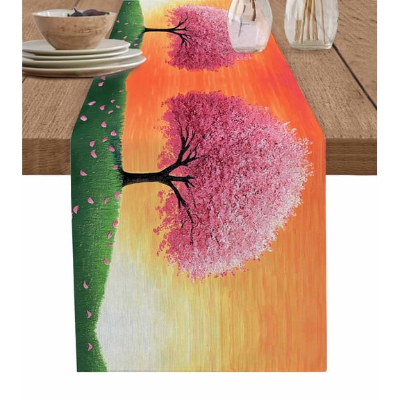 ERUNPONLY Pink Tree Table Runner - 70 Inch Long Orange Gradient Sky Retro Watercolor Grass Cotton and Linen Blended Dress Scarves Farmhouse Table Runner for Kitchen Dining, Coffee Table, 13" x 70"