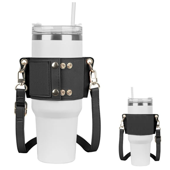 Linkidea Water Bottle Holder with Strap Compatible with Stanley Quencher H2.0 30oz/40oz, Simple Modern 40oz Tumbler, Vegan Leather Waterbottle Bag Holder, Shoulder Strap with Keyring, Black