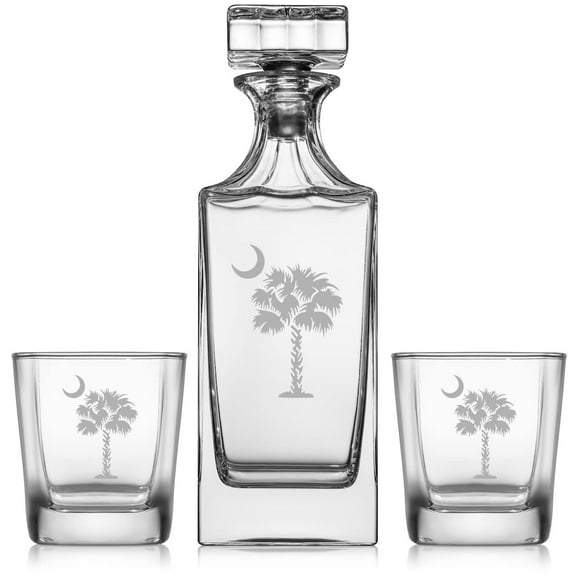 Whiskey Decanter Gift Set With 2 Whiskey Old Fashioned Rocks Glasses Palmetto Tree South Carolina Palm Moon