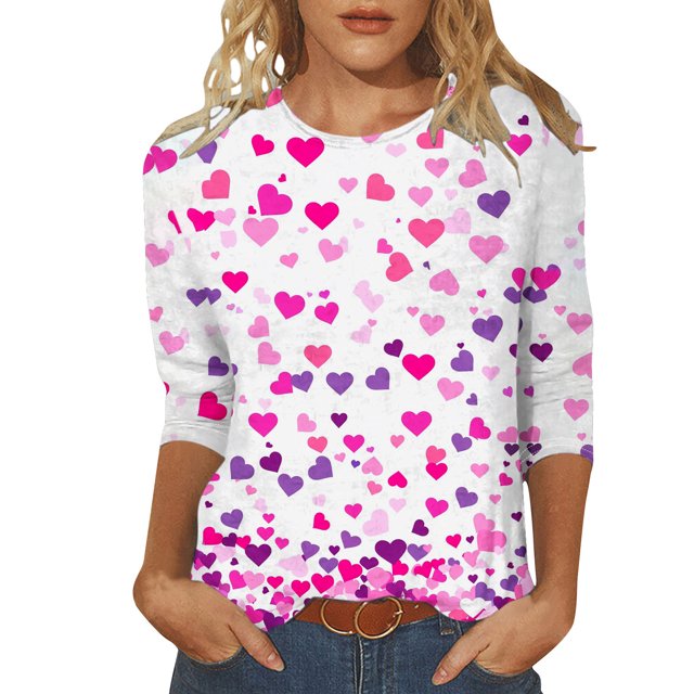 Penkiiy T-Shirt de la Saint-Valentin pour Femmes Manches 3/4 Col Rond Mignon Cœurs Graphiques T-Shirts Mode Décontractée Blouse 3TG Multicolore