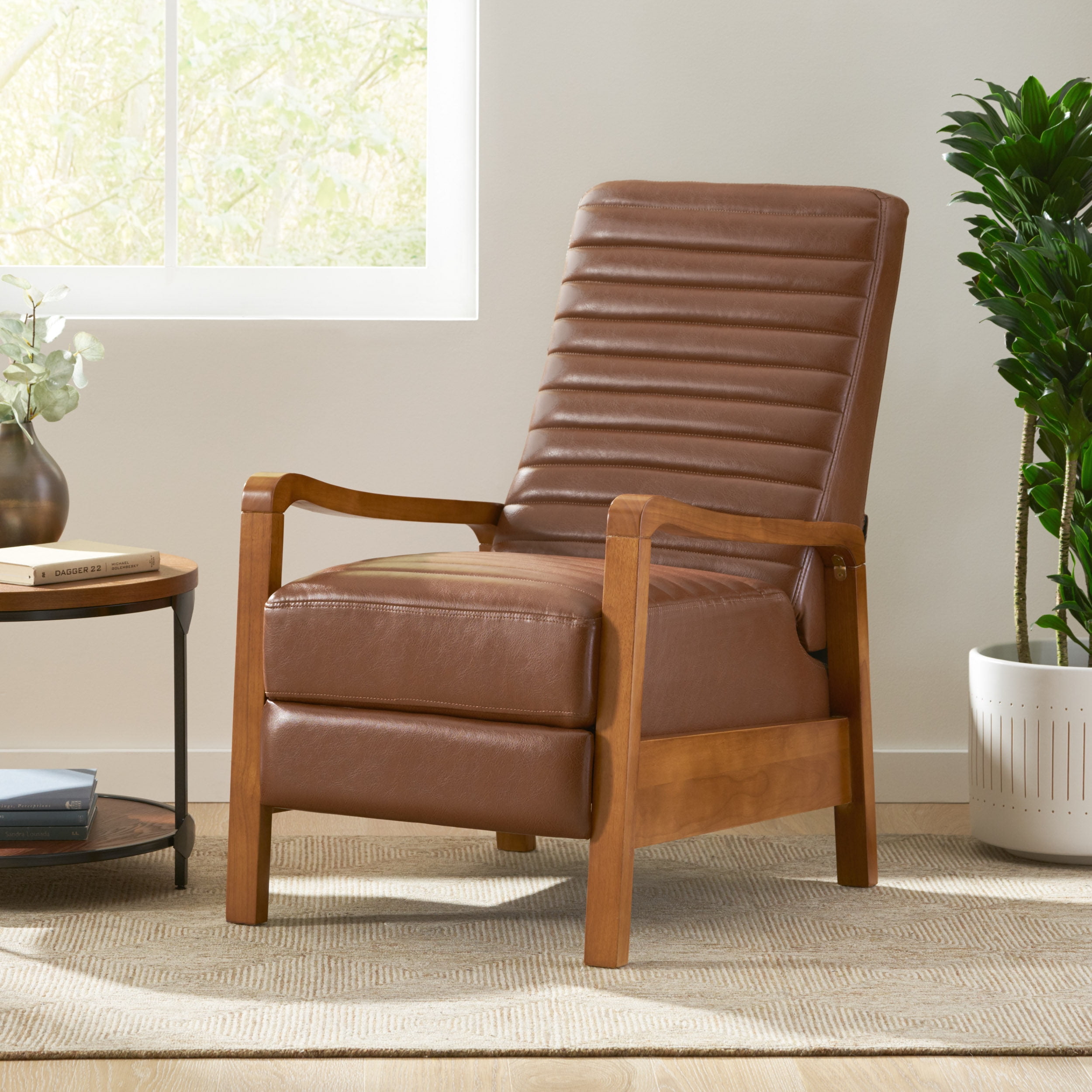 Noble House Judith Upholstered Channel Stitch Pushback Recliner, Cognac Brown and Teak