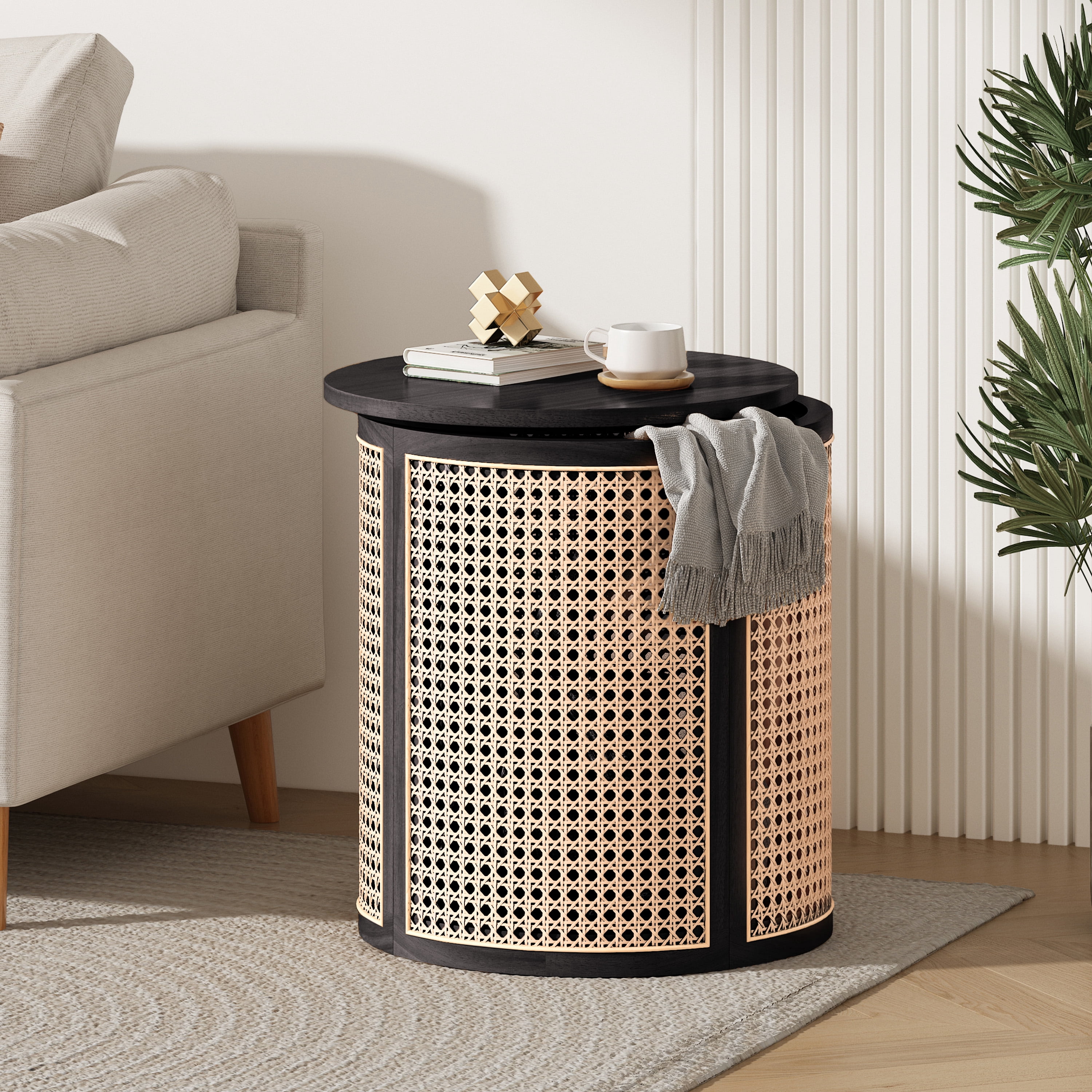 GARITIN Round End Table 15.7 Inch, Woven Rattan Style Side Table with Rubber Wood Frame for Living Room Bedroom, Black