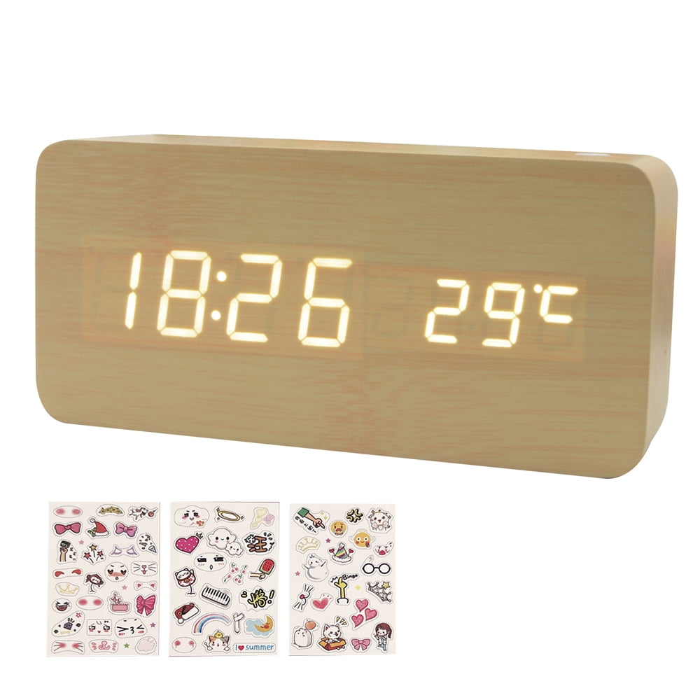 BIMZUC Wooden Digital Alarm Clock 8 Levels Adjustable Brightness LED Display Sound Control Date Temperature Display Minimalist Bamboo Design 5.9 inches