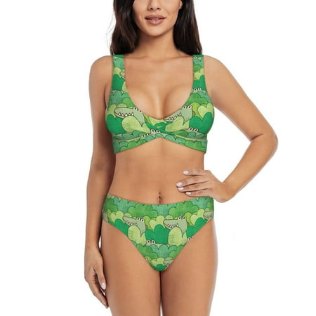 Zeuib Crocodile And Bush High Waisted Tummy Control Bikini Set - Knot Front Push Up Top & Cheeky Thong Bottom  Two-Piece Swimsuit for Women-Large