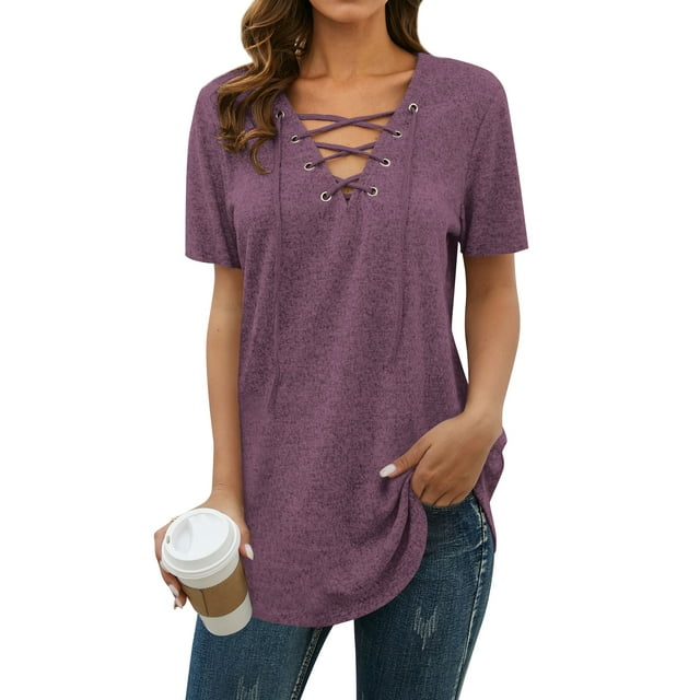 MY Women Solid Color Short Sleeve Tunics Lace-up V Neck Top