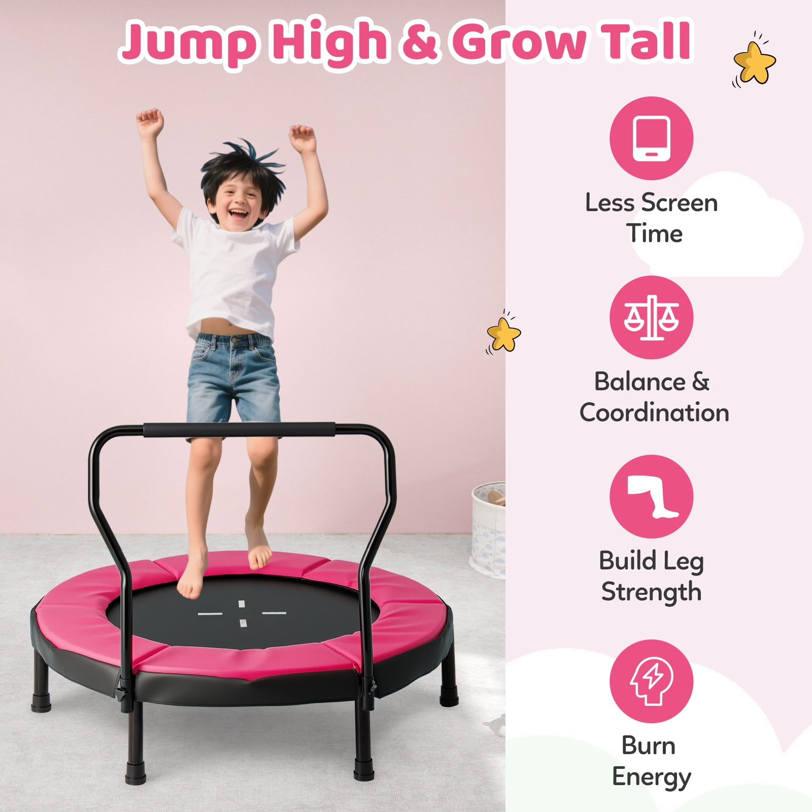 Gymax 40'' Trampoline for Kids Indoor/Outdoor Fitness Trampoline w/ Foam Handlebar Pink